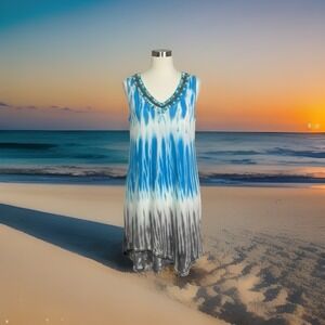 VTG Y2K Embellished Beaded Chain Swim Cover Mesh Tie Dye Tank Dress Asymmetrical